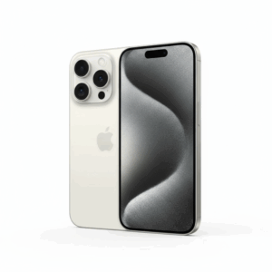 Celular iPhone 15 Pro Max con una vista diagonal y de color Titanio Blanco