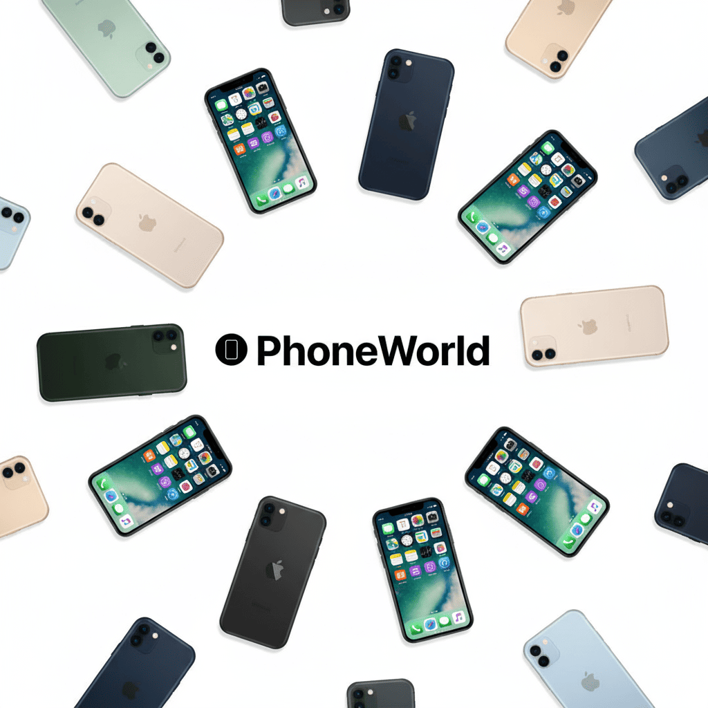 Logotipo de la empresa de venta de celulares iPhone Phone World