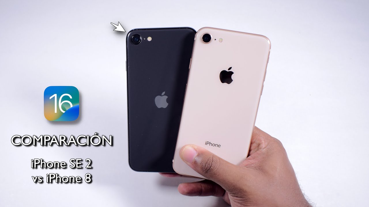 Comparación entre el iPhone SE 2 y el iPhone 8 con iOS 16, mostrados con vistas traseras de ambos teléfonos sostenidos en la mano. 