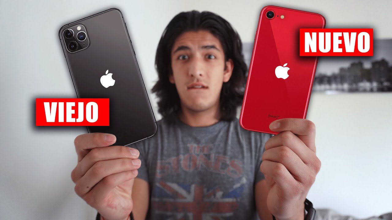 Comparación entre un modelo antiguo de iPhone (iPhone 11 Pro) y un modelo más nuevo (iPhone SE 2) que destaca la diferencia entre los iPhone «antiguos» y los «nuevos». 