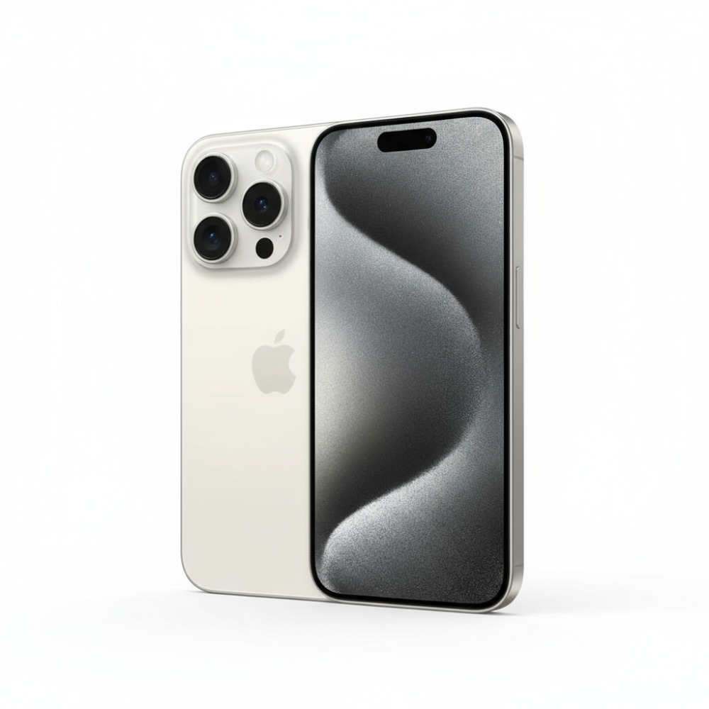 Celular iPhone 15 Pro Max con una vista diagonal y de color Titanio Blanco